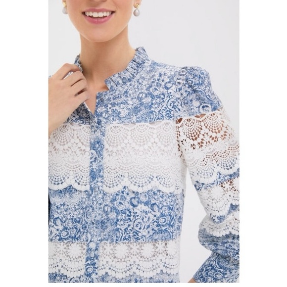 NWT Tuckernuck Hyacinth House Lace Trim Blue Etched Floral Emmie Mini Dress - Picture 2 of 4